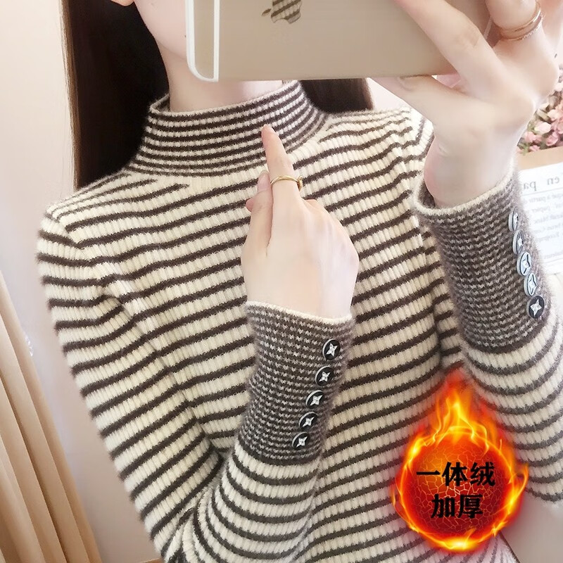 瑷优霏(aiyoufei)针织衫女半高领毛衣加绒加厚秋冬新款修身条纹洋气保暖内搭打底衫 图片色 杏色 S (建议90斤左右)