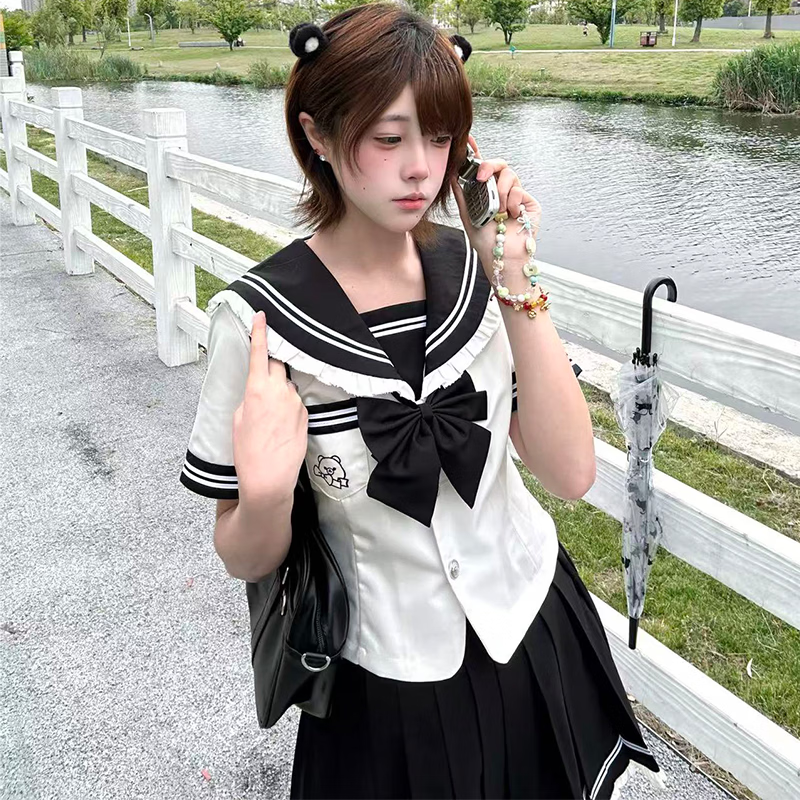 川奈香【月白序】水手服正版原创jk制服短袖学院风百褶裙制服套装 白色款上衣+裙子+黑领结一套 外宋小物 M 90-100斤