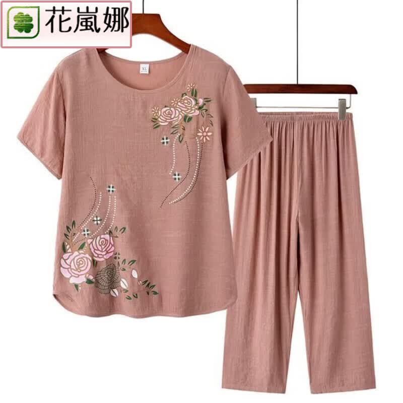 花岚娜（HUALANNA）中老年女夏纯棉麻短袖两件套装夏天奶奶妈妈装上衣裤子家居服 卡其色 2XL 建议95-115斤