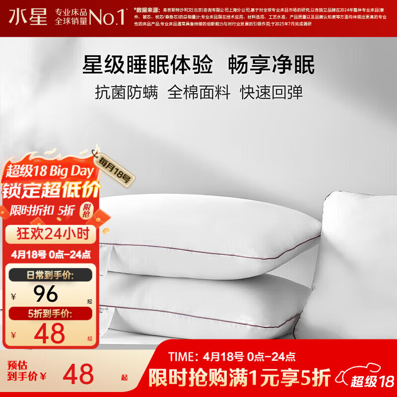水星家纺出品百丽丝家纺枕头全棉面料抗菌防螨快速回弹亲肤柔软枕芯一对装 全棉抗菌防螨对枕芯(适中型) 48cm ×74cm