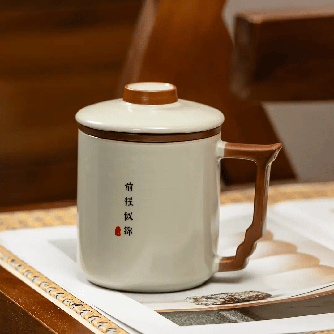 汝窑陶瓷茶杯带盖过滤泡茶杯办公杯大容量茶水分离 汝窑办公杯三件套-平安喜乐【礼盒装】