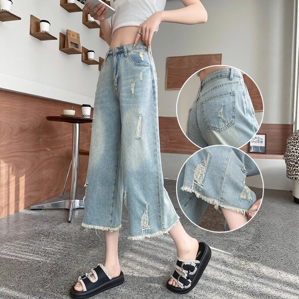 CronetKcnsy破洞牛仔裤女夏季宽松薄款小个子七分裤毛边设计感直筒阔腿裤女潮 复古蓝 4XL  推荐162-180斤