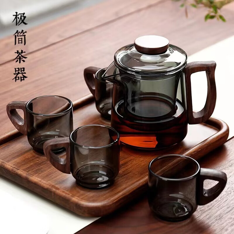 八玺侧木把烟灰色玻璃合欢花茶壶电陶炉加热烧水煮茶壶功夫玻璃泡茶壶 烟灰色一壶四杯礼盒装 壶400ml/杯95ml 加厚高硼硅玻璃（可明火电陶炉加热）