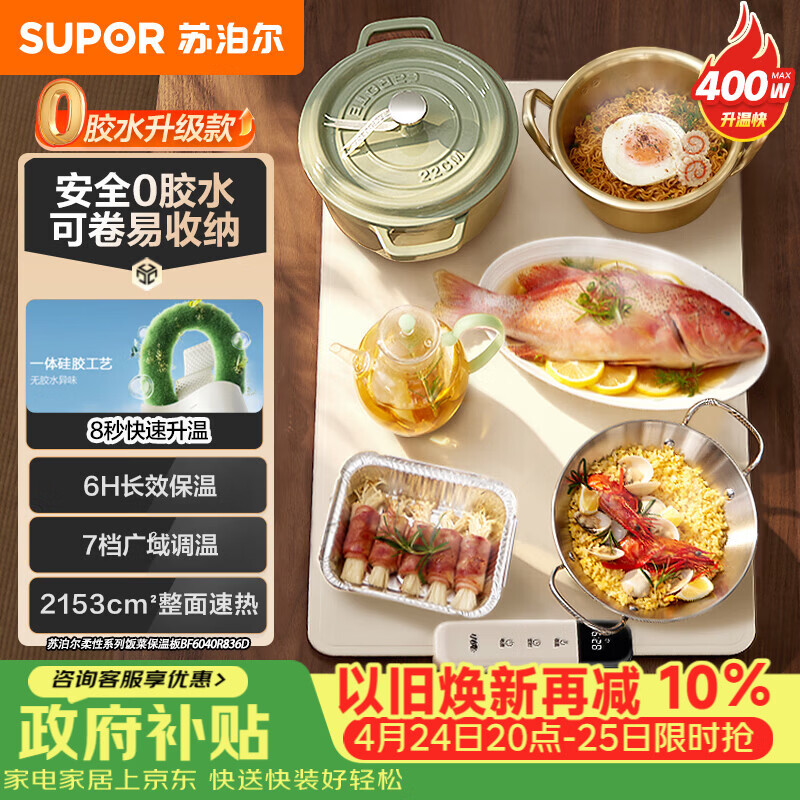 苏泊尔（SUPOR）柔性可折叠暖菜板 饭菜保温板 7档调温 多功能易收纳 方形60cm热菜板 BF6040R836D