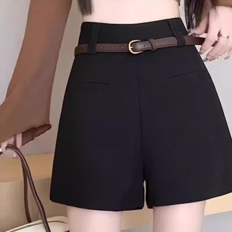 蝴蝶曼黑色西装短裤女2026新款春夏季高腰外穿A字百搭显瘦阔腿休闲裤子 黑色 【不含腰带】 XL