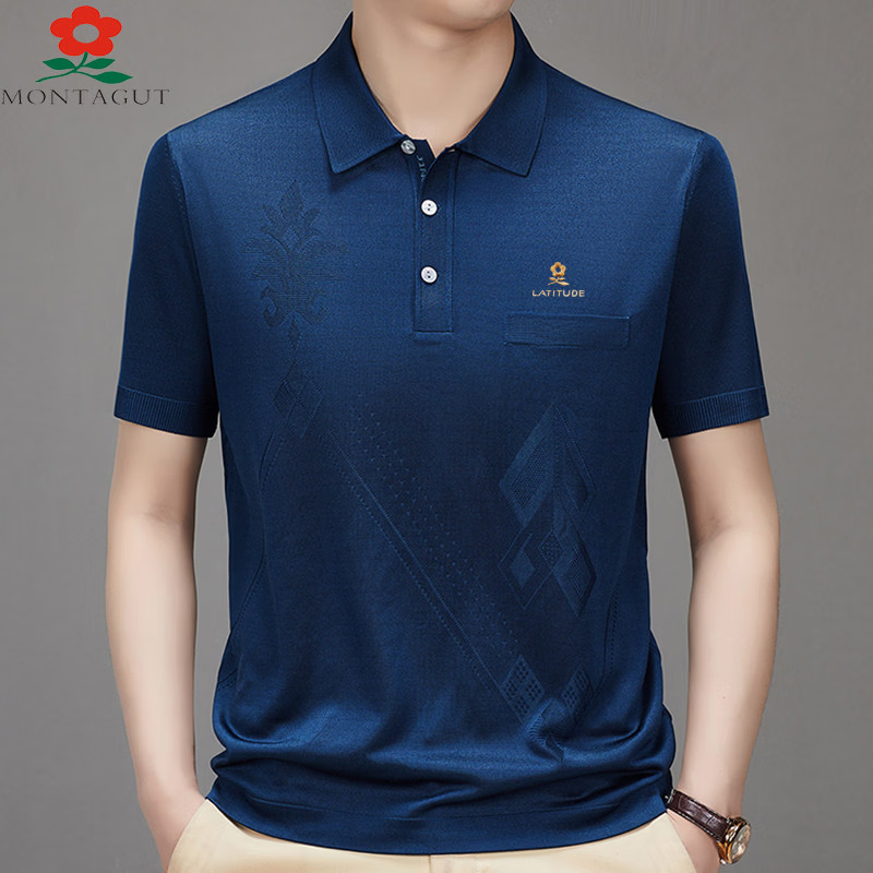 MONTAGUT梦特娇（MONTAGUT）夏季翻领短袖T恤男士桑蚕丝半袖高端薄款上衣 水蓝 薄款 M1688 4XL