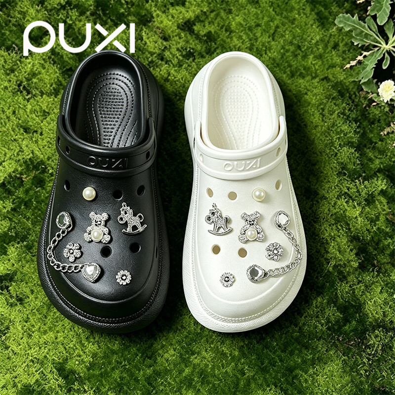 朴西【官方正品】朴西洞洞鞋女外穿带鞋花2026新款厚底防滑沙滩凉拖鞋 樱花粉 +炫彩爱心链条鞋花 40-41