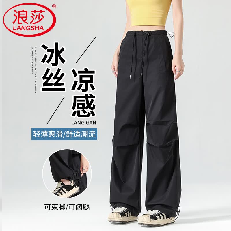 浪莎工装裤女款2026年最新款夏季高腰休闲阔腿裤运动降落伞兵登山裤子 黑色 L /推荐110-130斤