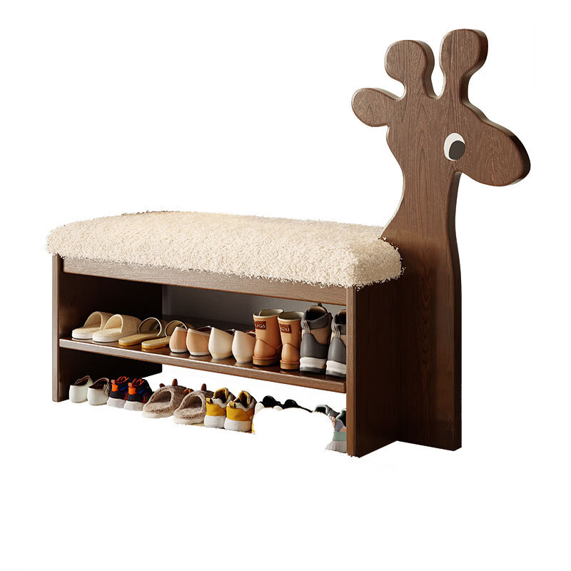 暖堂 WARM HALL实木卡通动物换鞋凳可爱网红创意门口家用入户穿鞋凳可坐 【樱桃木色】100cm-小鹿换鞋凳亲肤泰迪绒 FAS级全橡胶木 送货上门