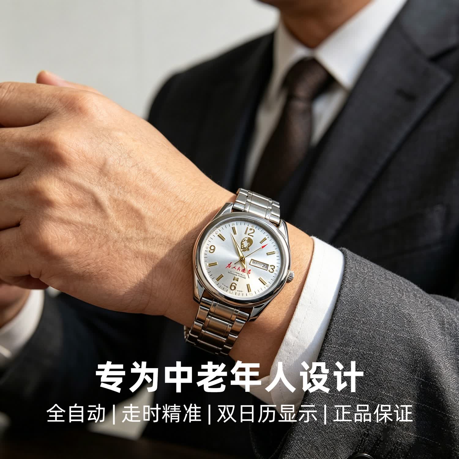 杜冠(DUGUAN)中老年手表机械石英表男士大日历生日礼物送爸爸防水表 杜冠银色领袖款
