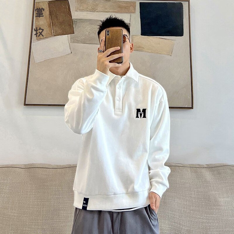 POLO衫男士商务长袖秋季上衣潮流男装秋冬季男士痞帅休闲男秋季POLO衫长袖美式复古宽松潮牌 po1 白色  L 建议120-138斤