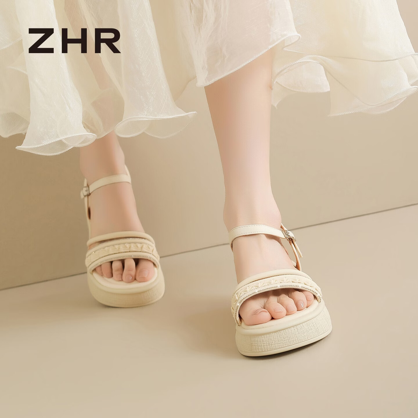 ZHR则则凉鞋女经典百搭夏季女鞋软底增高轻便水钻一字带凉拖鞋AY507米38