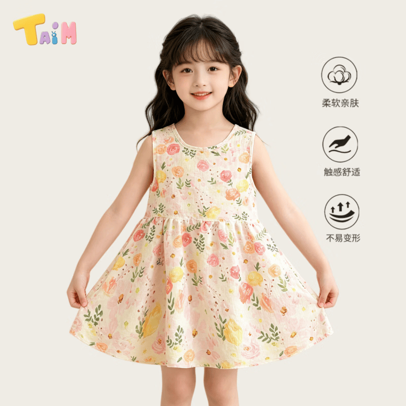 TAIM女童夏季薄款连衣裙儿童宽松无袖背心裙宝宝碎花公主裙 五彩花 80 cm