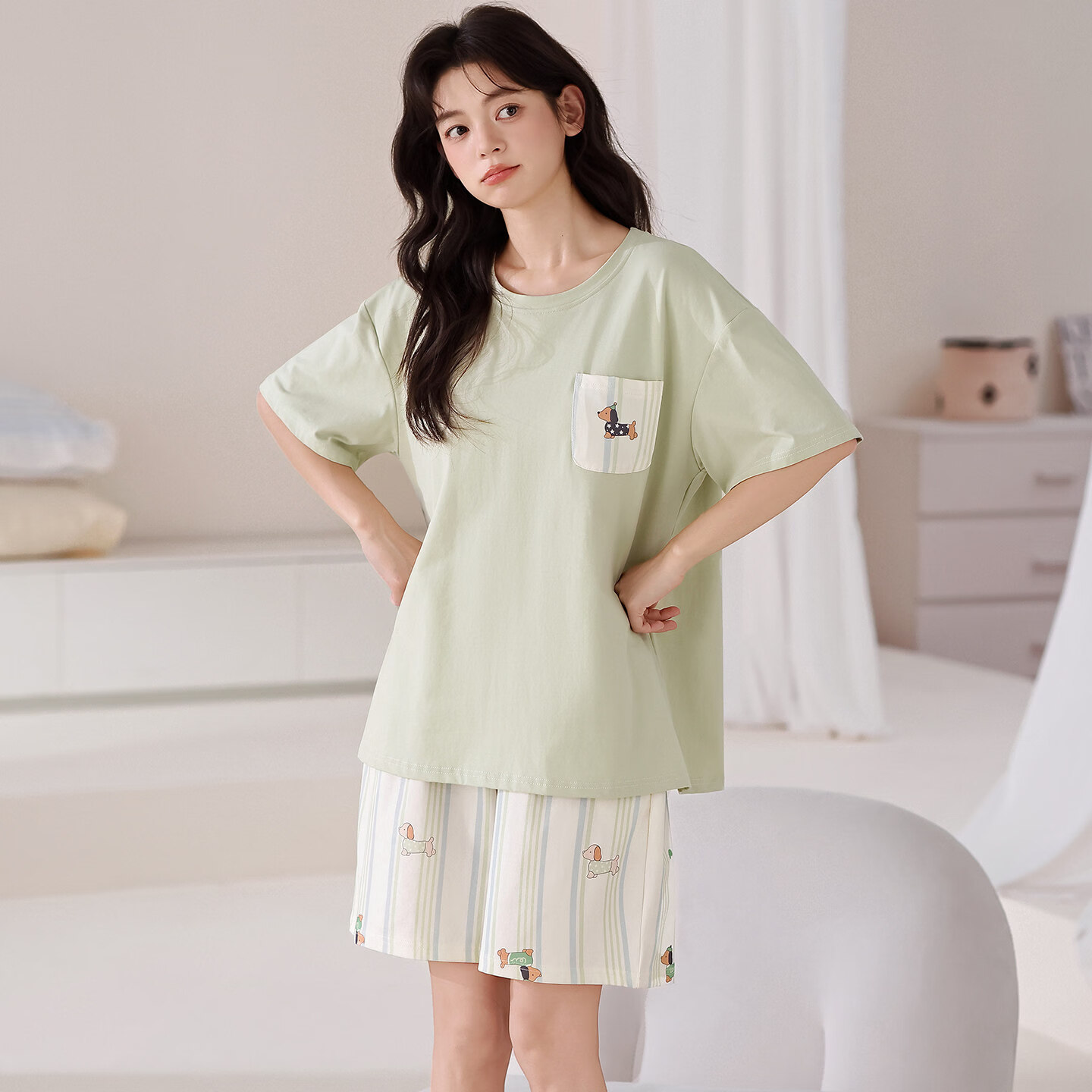 雅鹿睡衣夏季女款100%纯棉甜美短袖短裤新款简约休闲家居服套装 NSALM-绿色腊肠狗 【100%纯棉】 L 【推荐体重100-120斤】