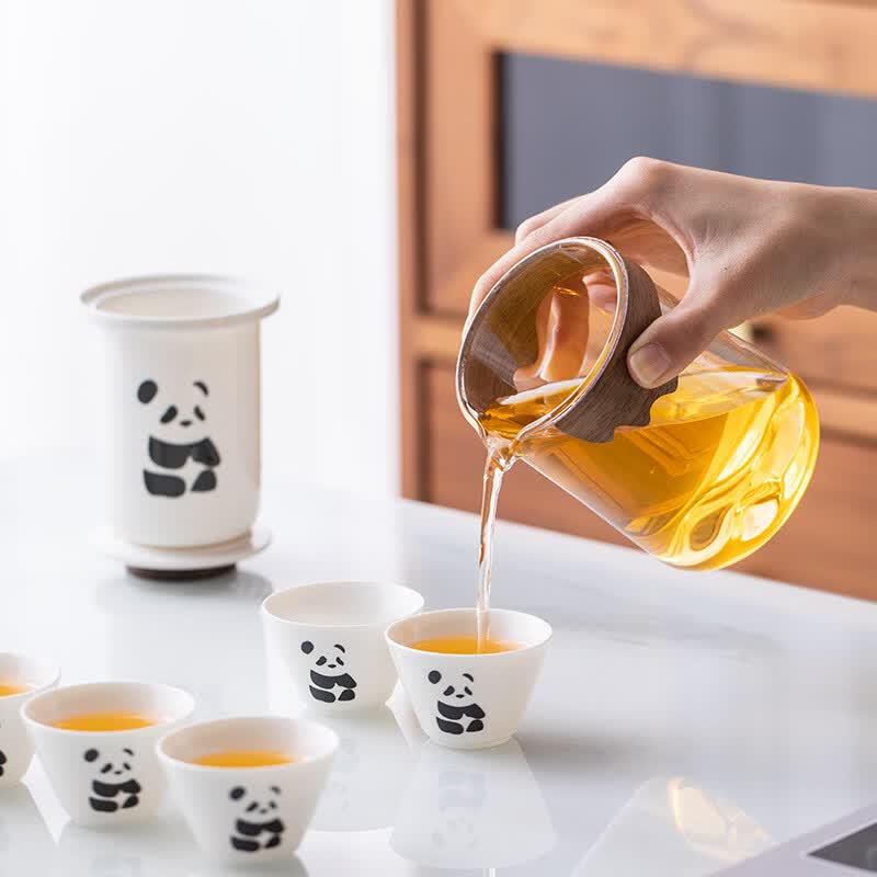 星舵熊猫快客杯便携式旅行茶具小套装玻璃泡茶壶茶水分离户外露营专用 远山玻璃熊猫一壶六杯+茶叶罐[礼