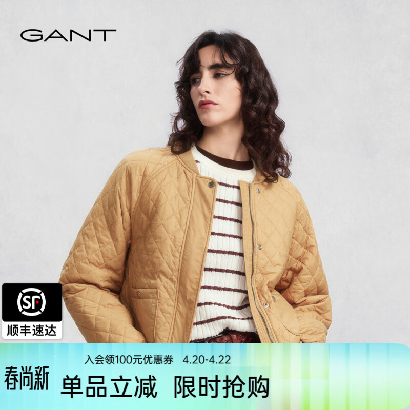 GANT/甘特2024冬季新款女士宽松简约纯色菱格休闲棒球领棉服外套 296-卡其色 2XL