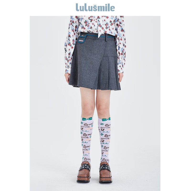 lulusmile 2022冬季新款经典学院风撞色百褶半裙 灰色 xs