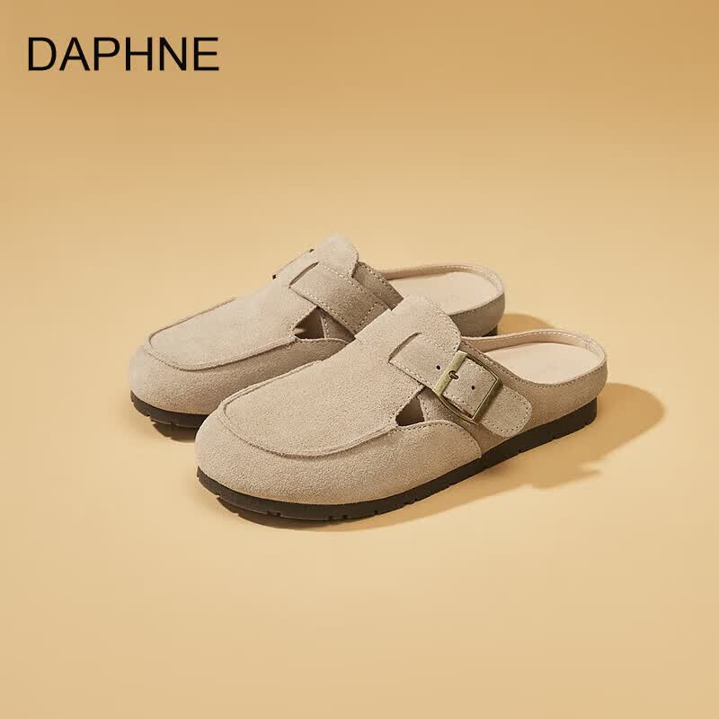 DAPHNE达芙妮牛皮复古文艺风圆头搭扣深口单鞋女2026年春季新款休闲厚度勃肯鞋 卡其色 40