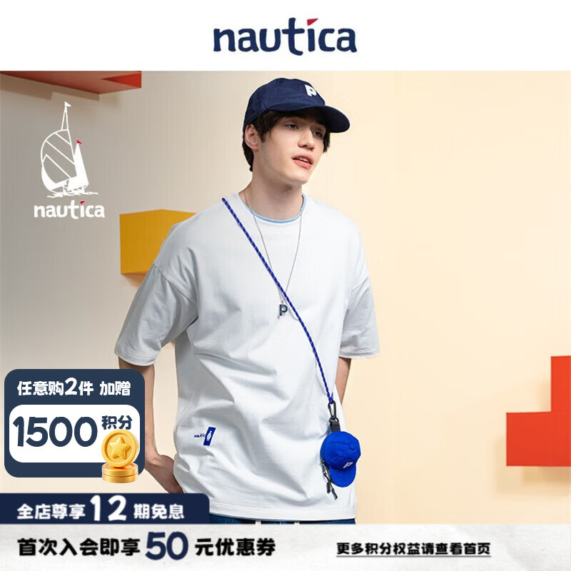 nautica white sail【明星同款】×POPBOY系列日系中性纯棉卡通印花T恤PBTW3229 白色1BW XL