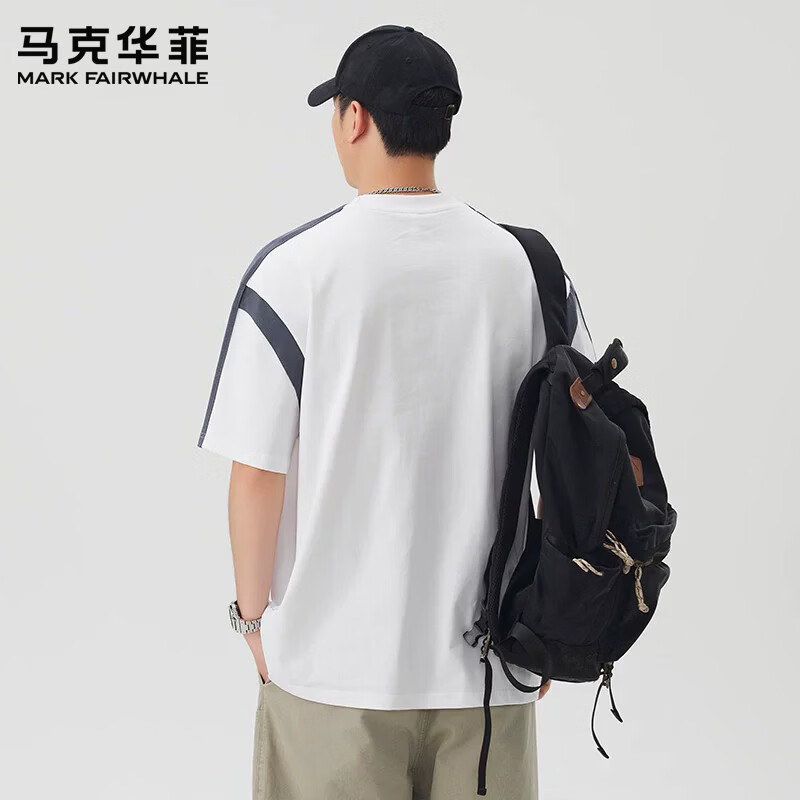 马克华菲(MARK FAIRWHALE)美式拼接纯棉短袖T恤男2026夏季百搭时尚透气休闲半袖衫上衣服装 白色 【纯棉】 3XL 【建议180-200斤】