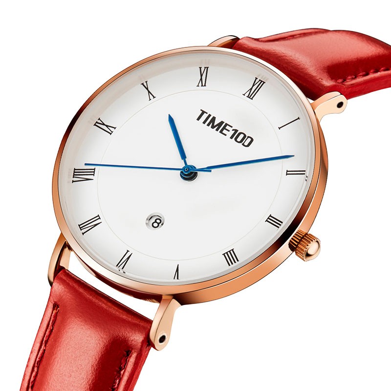 时光一百（TIME100）手表女轻薄简约头层油蜡牛皮女士手表圆盘日历防水学生女神节礼物 大红