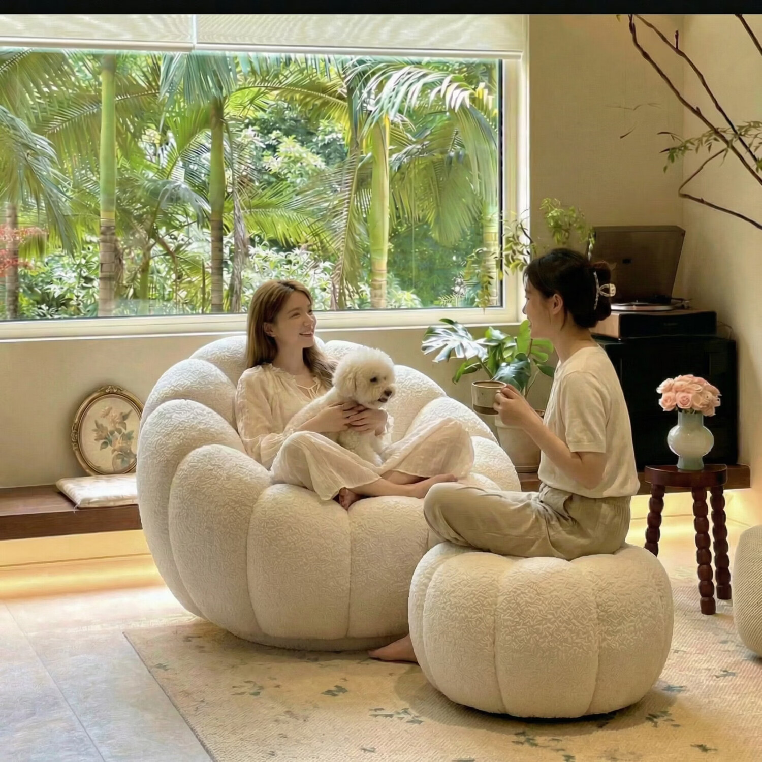 赛杉单人沙发椅南瓜懒人沙发单人椅羊毛卷卧室阳台椅可睡可躺旋转沙发 米白色【泰迪绒】单椅款-可旋转