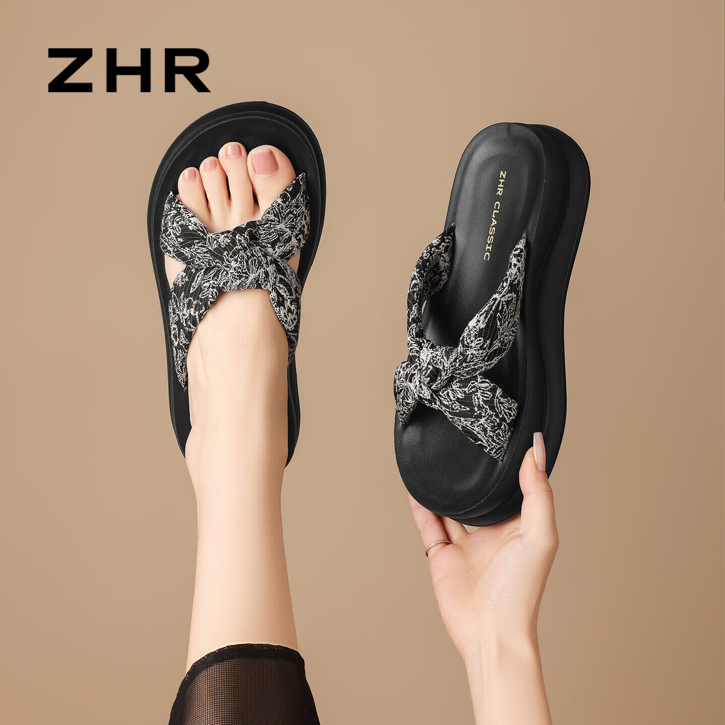 ZHR则则厚底拖鞋女新款夏季蝴蝶结女鞋增高百搭外穿凉拖女QE60黑色38