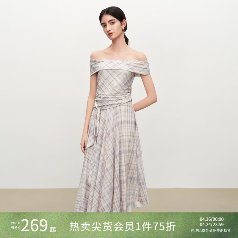 自巧【定格胶囊】小个子格纹网纱一字肩收腰连衣裙女2026夏季新款 米紫格 XXS （尺码：1）