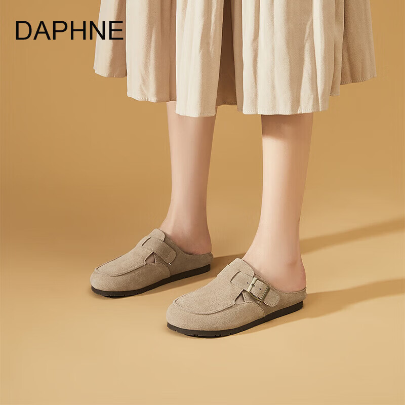 DAPHNE达芙妮牛皮复古文艺风圆头搭扣深口单鞋女2026年春季新款休闲厚度勃肯鞋 卡其色 40