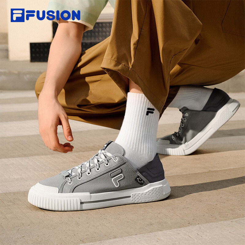 FILA FUSION斐乐潮牌男鞋情侣帆布鞋一脚蹬2026夏季新款半拖鞋 烟雨灰/雪白-DS 41