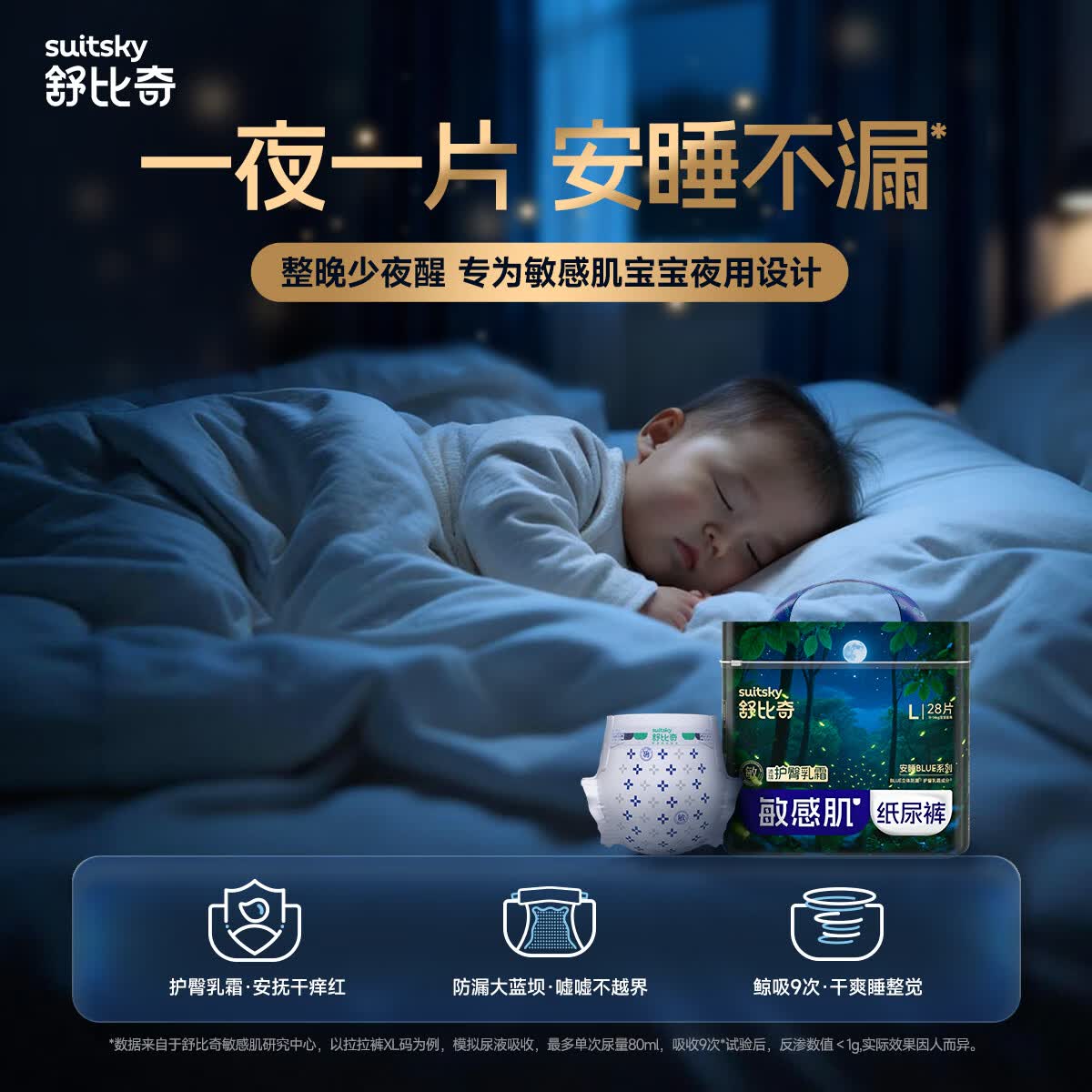 舒比奇（Suitsky）【未检出甲酰胺】安睡BLUE夜用纸尿裤敏感肌尿不湿轻薄透气防红臀 纸尿裤XXL码24片【≥13kg】
