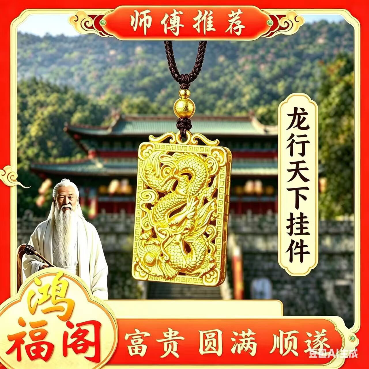合金吊坠 【师傅推荐】龙牌吊坠镂空龙行天下金色方牌霸气吊坠 龙牌吊坠【礼盒款】