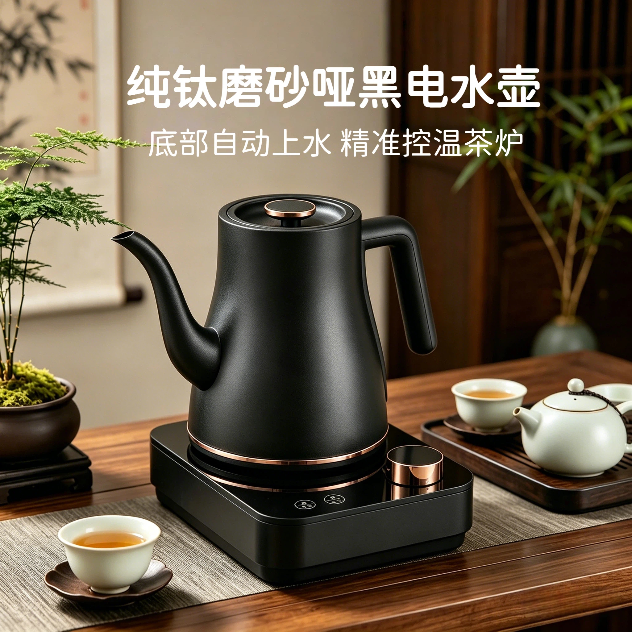 纯钛电茶炉自动上水煮茶壶旋钮多段控温煮茶器单茶台烧水壶家用泡茶壶高档大气电热水壶零涂层0.8L 磨砂哑黑纯钛 0.8L