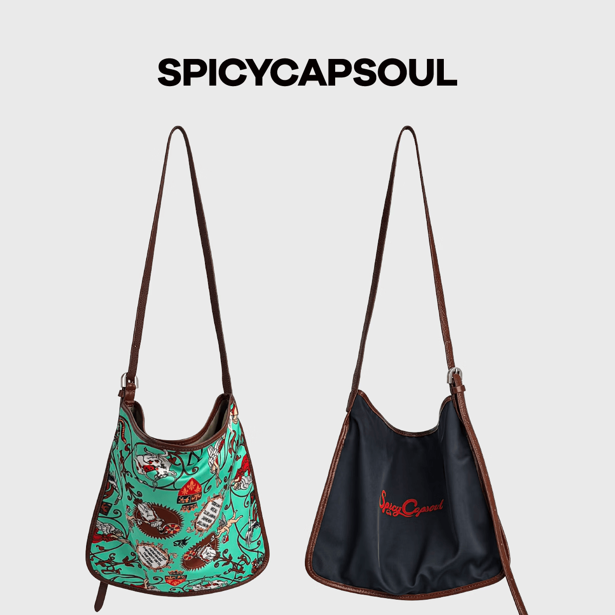 SPICYCAPSOUL【插画师】池金物小众缎面配头层牛皮双面背单肩斜挎托特包 【插画师】救赎天使(湖绿) 京东折扣/优惠券