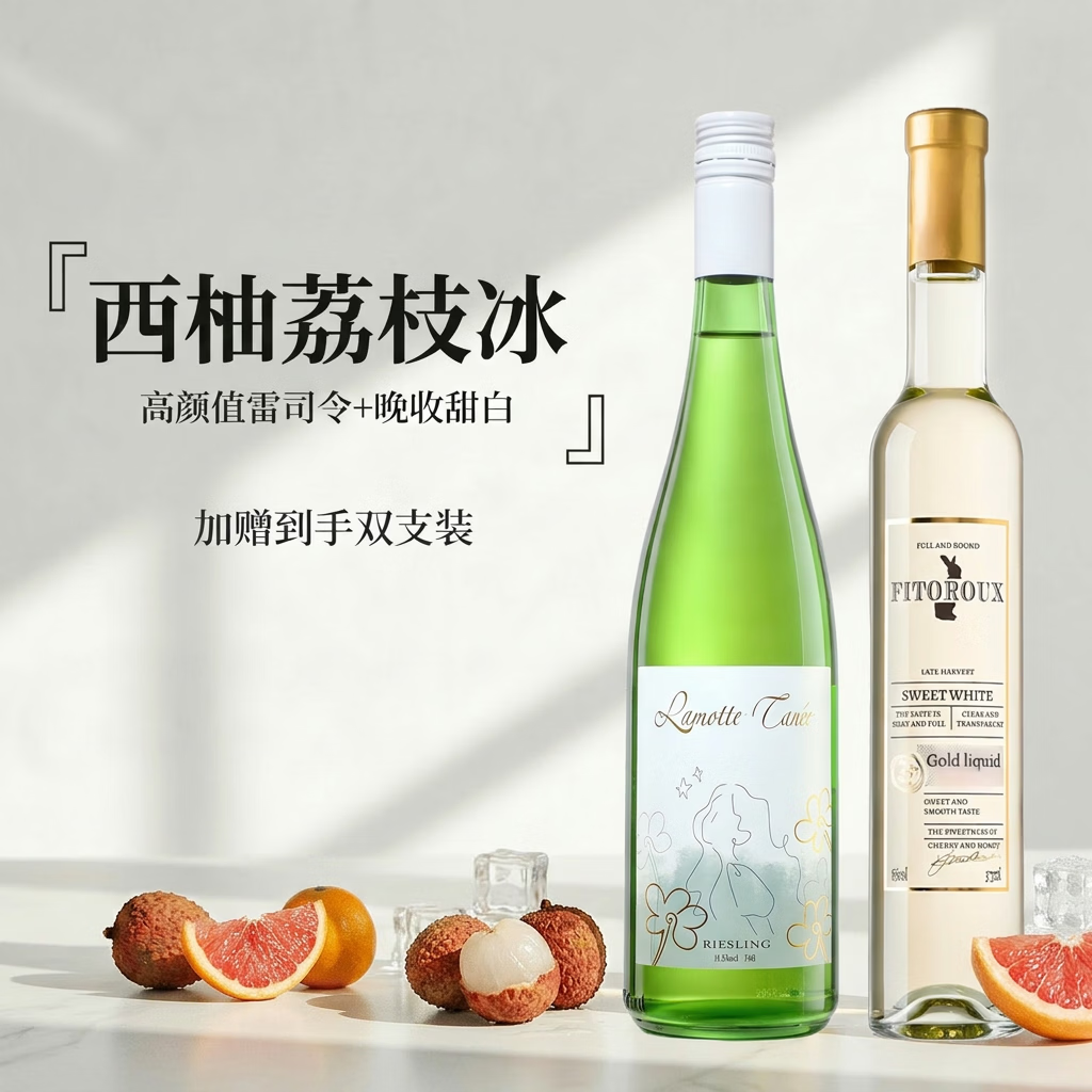 露颂【荔枝山竹冰】法国晚收甜白葡萄酒微醺果酒原酒进口礼盒送礼 【微醺必备】高颜值雷司令*1+晚收甜白*1