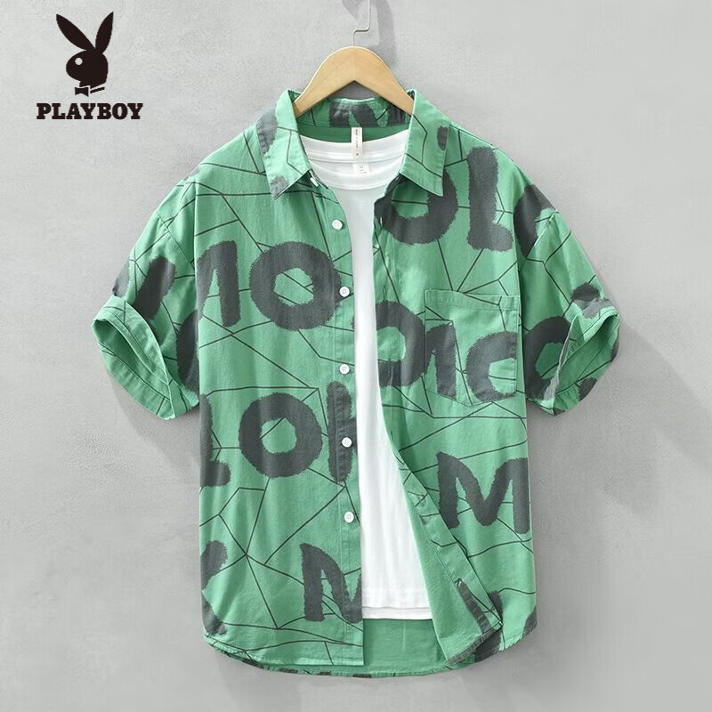 花花公子(PLAYBOY)字母印花翻领短袖衬衫男宽松休闲日系清新半袖衬衣男 白色 M 建议95-125斤