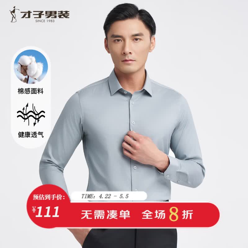 才子（TRIES）优质棉感男士长衬衫柔软顺滑挺括有型商务休闲职业男衬衣 灰绿色 2XL 41(175/96A) 京东折扣/优惠券