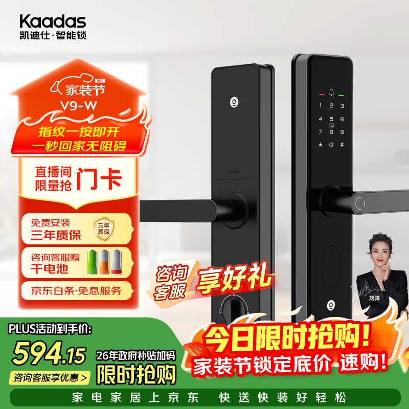 凯迪仕（KAADAS）智能门锁 指纹识别 防盗门锁密码锁 入户门电子智能锁 V9-W