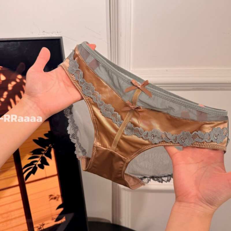 丝缎芭蕾 纯欲性感蝴蝶结缎面蕾丝内裤女低腰诱惑包臀透明三角裤 咖啡色 均码 (80-125斤)