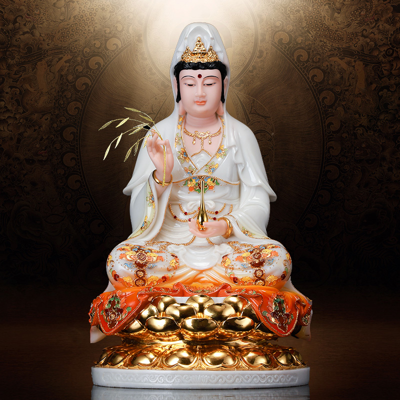九黎摆件玉石观音佛像南海观音彩绘观世音菩萨客厅摆件 12寸观音(高30