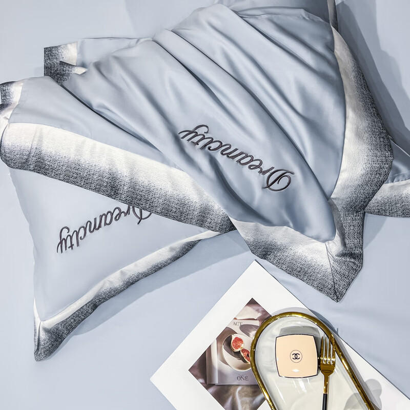 雅鹿水洗真丝拼角刺绣枕套 碧绿青【丝滑舒适 裸睡佳品】 48*74cm枕套一对