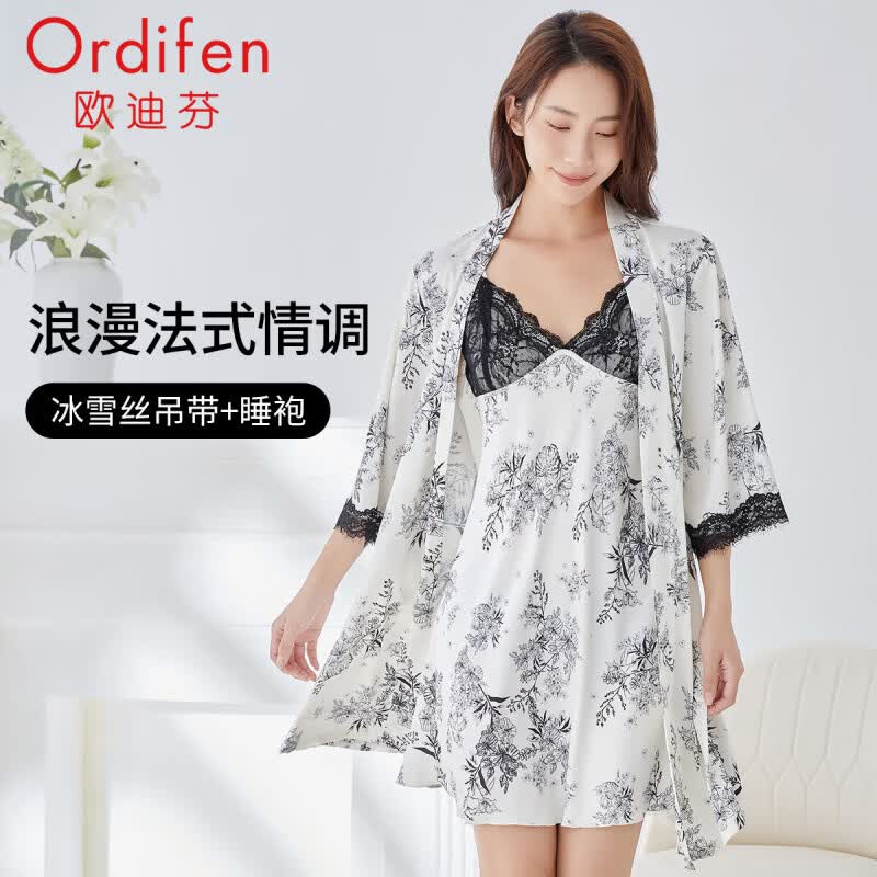 欧迪芬（Ordifen）睡衣女可外穿吊带吊裙睡袍透气舒适家居服女士套装女友 香草白 XL (170/100) 京东折扣/优惠券