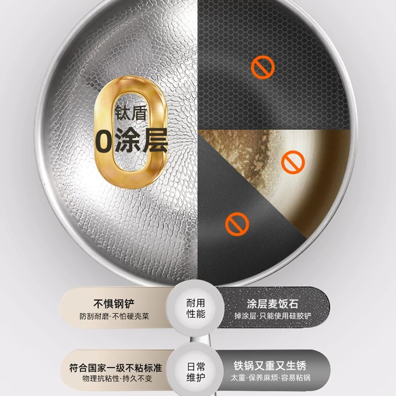 诗贝家德国无涂层纯钛锤纹炒锅不粘锅易清洗轻便少油烟燃气灶电磁炉通用 【旗舰正品】钛锅 32cm 钛材质原厂锅盖