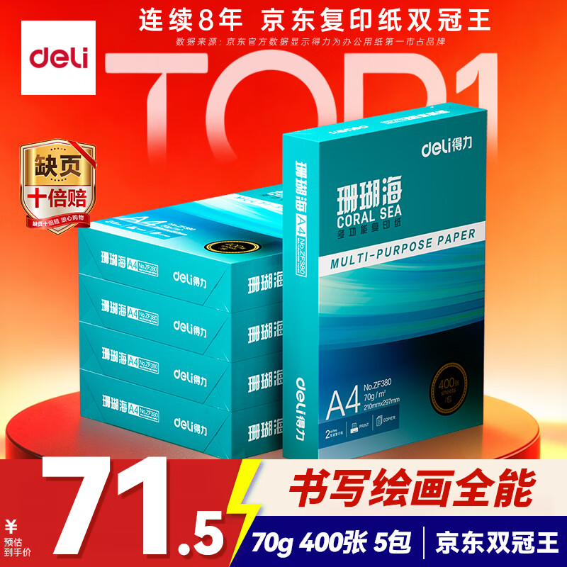 得力（deli）珊瑚海A4打印纸 70g400张*5包一箱 双面打印复印纸 整箱2000张ZF381【销冠系列】