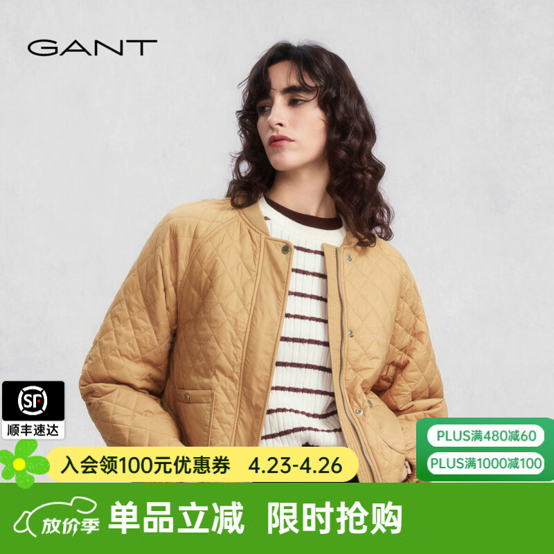 GANT/甘特2024冬季新款女士宽松简约纯色菱格休闲棒球领棉服外套 296-卡其色 2XL