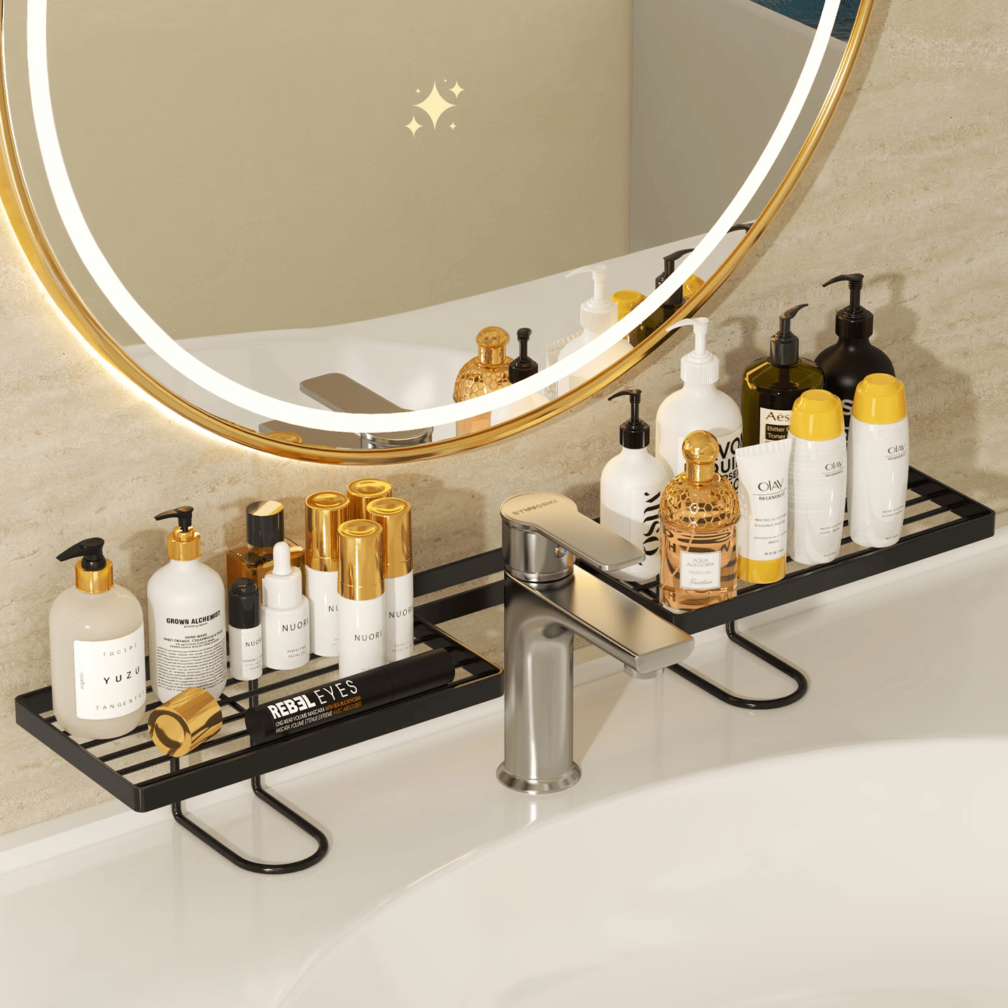 艾仕可（ASCOR）碳钢立式免打孔洗漱台置物架水龙头卫生间洗手壁挂收纳架沥水架子 免安装-轻奢黑50cm【镂空沥水 稳固承重】