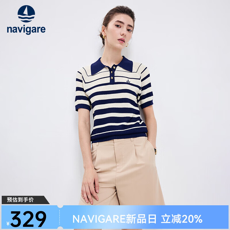Navigare意大利小帆船短袖T恤女士夏季条纹针织体恤衫休闲翻领POLO衫女 海军蓝/白 XL