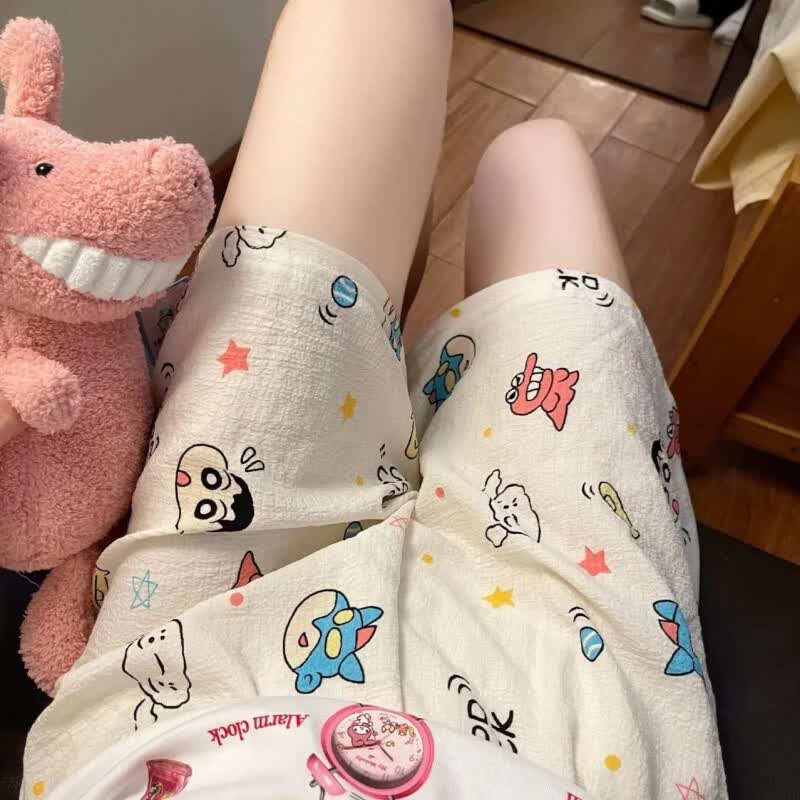 雅鹿大码胖mm夏季卡通睡裤短款网红ins宽松薄款宿舍家居休闲遛弯短裤 小新与超人 XL 建议100-130斤