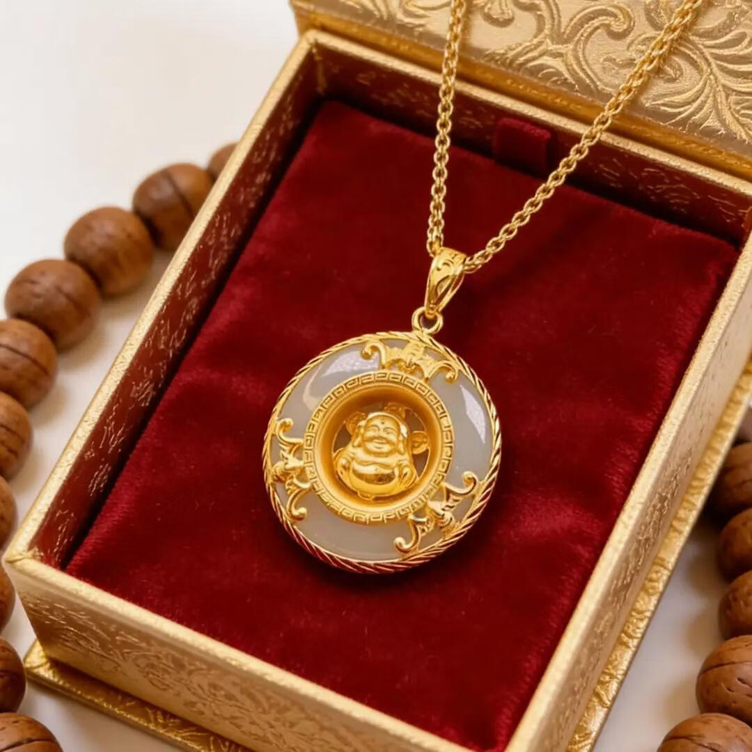 【专柜折扣】新款弥勒佛吊坠平安扣复古锁骨链男女轻奢小众镶嵌J1 【送精美礼盒】弥勒佛项链