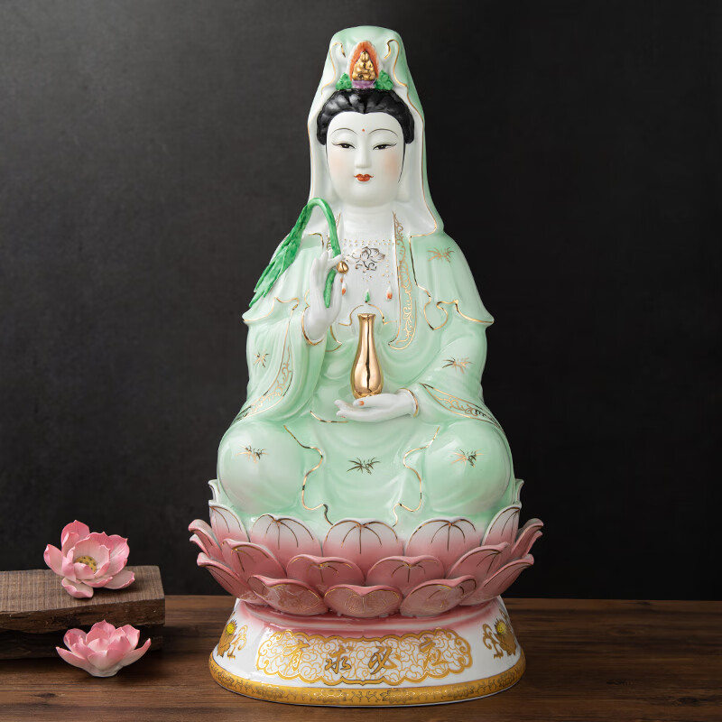 绿衣观音菩萨摆件绿裳观音娘娘佛像陶瓷坐莲观世音菩萨家用工艺品 单